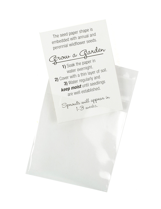 Instruction Card for Planting Seed Paper: The seed paper shape is embedded with annual and perennial wildflower seeds. Grow a Garden, 1) Soak the paper with water overnight. 2) Cover with a thin layer of soil. 3) Water regularly and keep moist until seedlings are well established. Sprouts will appear in 1-3 weeks.